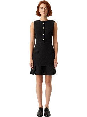 Ersefa Şık Kadın Tüvit Kolsuz Mini Elbise Düğmeli Detaylı A Kesim Bisiklet Yaka Soğuk Havalara Özel