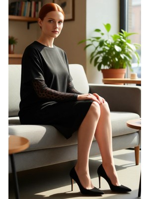 FRM Kadın Ilkbahar Sonbahar Bisiklet Yaka T Shirt Elbise Tül Detaylı %100 Pamuk Konforu Kaliteli