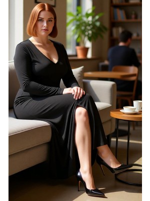 FRM Kadın Maxi Boy V Yaka Uzun Kollu Örme Elbise A Kesim Kalıp Akıllı Şık Görünüm Için Düz Tasarım