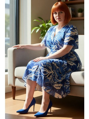 FRM Kadın Zarif V Yaka Kruvaze A Line Maxi Boy Çiçekli Melek Kol Şifon Elbise Ilkbahar Sonbahar