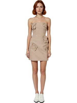 Ersefa Kadın A Line Vizon Straplez Mini Elbise Dokuma Tüvit Aplike Çiçek Detaylı Şık Gece Kombini