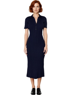 Ersefa Kadın Casual Düz Desenli Bodycon Polo Yaka Kısa Kollu Triko Maxi Elbise Ilkbahar Sonbahar Şıklığı