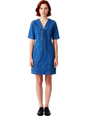 Ersefa Kadın A Line Kesim Denim Mini Elbise Kuşgözü Bağlama Detaylı %100 Pamuk Günlük Şıklık Kaliteli