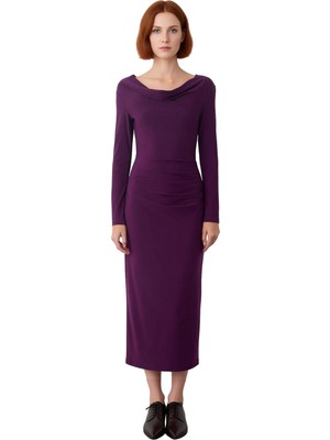 Ersefa Kadın Astarlı Degaje Yaka Düz Desen Bodycon Maxi Elbise Modern ve Konforlu Kış Kombinleri Için