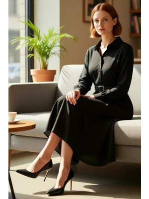 FRM Kadın Uzun Kollu Siyah Midi Gömlek Elbise Kruvaze Yaka Kemer Detaylı Modern ve Konforlu. Kaliteli