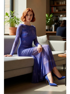 FRM Kadın Astarlı Büzgülü Tül Örme Balık Maxi Elbise Kayık Yaka Standart Kol Şık Kokteyl Kaliteli