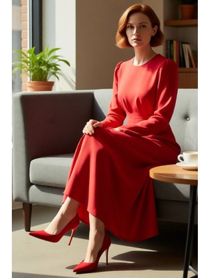 FRM Kadın Kırmızı Renk Dokuma Kumaş Skater Elbise Uzun Kollu Bisiklet Yaka Şık ve Rahat Kombinler
