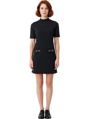 Ersefa Kadın Siyah Mini Elbise Düğme Detaylı Truvakar Kol Dik Yaka Örme Kışlık Casual Konforlu Kullanım