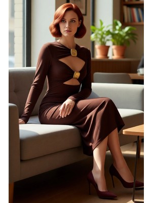 FRM Kadın Bisiklet Yaka Bodycon Midi Elbise Aksesuarlı Uzun Kollu Sandy Kumaş Zarif Kış Kombinleri