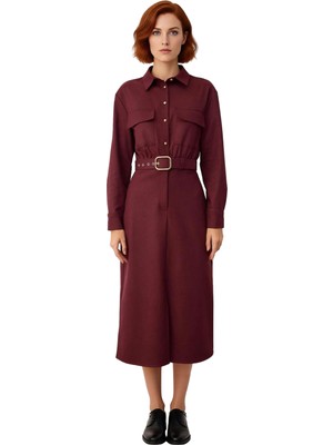 Ersefa Kadın Kemerli A Line Midi Boy Gömlek Yaka Düz Dokuma Elbise Kış Sezonu Için Ideal Şıklık Kaliteli