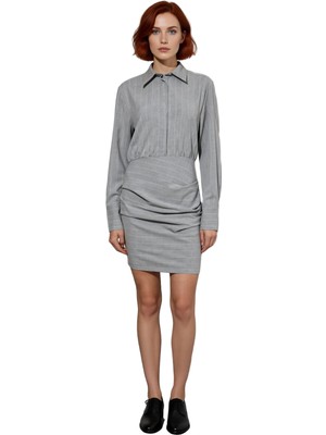 Ersefa Kadın Çizgili Gömlek Yaka Uzun Kollu Dokuma Drape Detaylı Günlük Şık Mini Elbise Stili