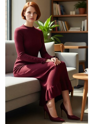 FRM Kadın Düz Desen Bej Ribana Triko Maxi Elbise Eteği Fırfırlı Uzun Kol Konforlu Stil Kaliteli