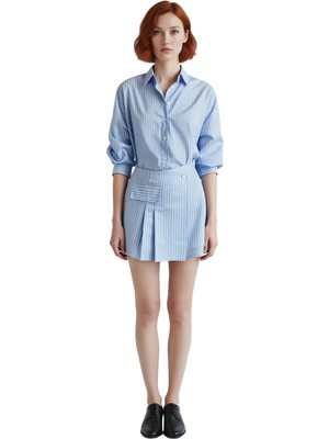 Ersefa Kadın Bordo Çizgili Mini Gömlek Elbise Fashion Forward Tarzı Düğmeli Detaylı Terrycotton Kumaş