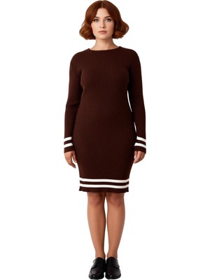 Ersefa Kadın Bodycon Fitilli Triko Kazak Elbise Bisiklet Yaka Uzun Kol Çizgili Detaylar ile Şık Görünüm