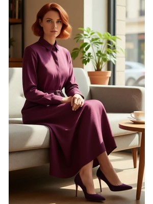 FRM Kadın Casual Astarsız Keten Görünümlü Gömlek Yaka A Line Maxi Tesettür Dokuma Elbise Kaliteli