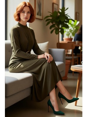 FRM Kadın Maxi Boy Örme Sandy Elbise Dik Yaka Tokalı Detaylı Uzun Kollu Şık ve Modern Tasarım Kaliteli