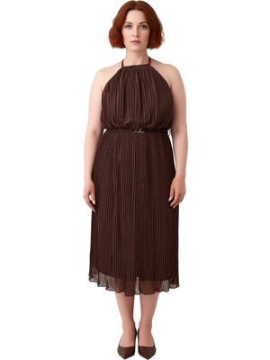 Ersefa Kadın Kahverengi Halter Yaka Kolsuz Şifon Dokuma Maxi Boy Elbise Yaz Davetleri Için Ideal Kaliteli