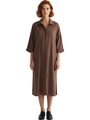 Ersefa Kadın Düz Desen Gömlek Yaka Truvakar Kol Düğmeli Modal Kumaş Midi Boy Elbise Ilkbahar