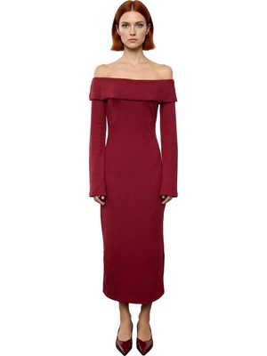 Ersefa Kadın Carmen Yaka Bodycon Kalıp Midi Boy Örme Elbise Soğuk Havalarda Zarafetle Buluşun Kaliteli