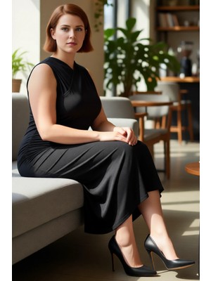 FRM Kadın Günlük Kruvaze Yaka Yanları Büzgülü Kolsuz Maxi Büyük Beden Örme Kumaş Zarif Shift Kalıp