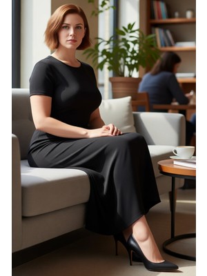 FRM Kadın Esnek Siyah Örme Maxi Elbise Vücuda Oturan Bisiklet Yaka Düz Kısa Kol Ilkbahar Sonbahar