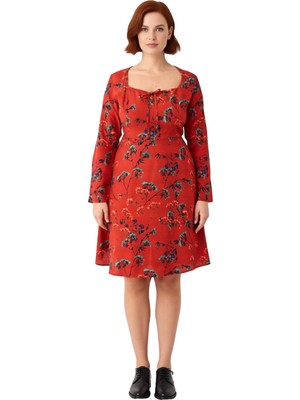 Ersefa Kadın Çiçek Desenli Kalp Yaka Uzun Kol A Line Kesim Kısa Elbise Büyük Beden Ilkbahar Sonbahar