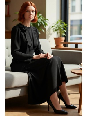 FRM Kadın Zarif Balık Siluet Aerobin Dokuma Uzun Kollu Maxi Boy Bisiklet Yaka Fiyonklu Elbise Kaliteli