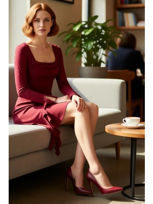 FRM Kadın Bordo Mini Skater Elbise Taş Detaylı Uzun Kollu Kare Yakalı Kış Akşamları Için Kaliteli