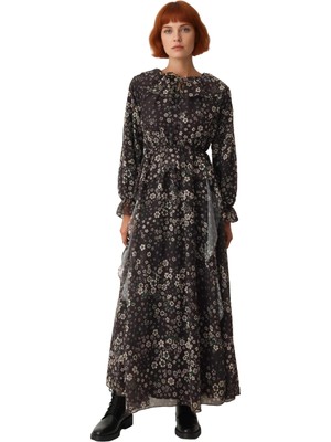 Ersefa Kadın Şifon Çiçek Desenli Maxi Elbise Astarlı Balon Kollu Dokuma Kumaşıyla Günlük Stilinize