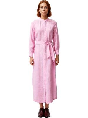 Ersefa Kadınlar Için Kuşaklı Uzun Kollu Hakim Yaka %100 Pamuk Düz Dokuma Shift Elbise Rahat ve Şık.