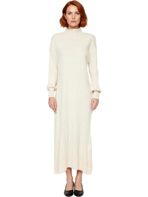 Ersefa Kadın Dik Yaka Uzun Kollu Düz Maxi Triko Elbise Rahat Shift Kalıp Kışlık Günlük Şıklık Sunar