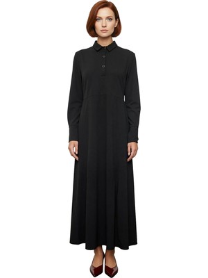 Ersefa Kadın Düz Desen Gömlek Yaka Uzun Kollu Maxi Boy Örme Dalgıç Skater Kesim Elbise Rahatlık Kaliteli