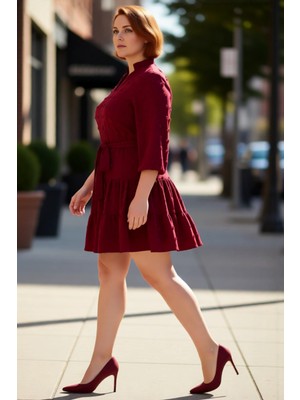 PayBuy Kadın A Line Bordo Dokulu Kuşaklı V Yaka Mini Elbise Ilkbahar Sonbahar Için Şık Büyük Beden Seçenek.