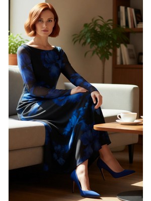 FRM Kadınlara Özel Bodycon Kesim Kayık Yaka Maxi Elbise Tül Kol Detaylı Şık Sırt Dekolteli Kaliteli