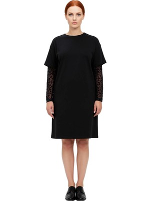 Ersefa Kadın Rahat Kesim Bisiklet Yaka Büyük Beden Elbise Tül Kol Detaylı Süprem Örme Şıklığı Kaliteli