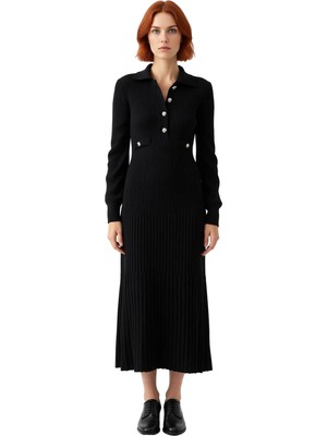 Ersefa Kadın Uzun Kollu %100 Akrilik Ribana Triko Elbise Polo Yakalı Günlük ve Rahat Kış Kombinleri