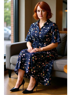 FRM Kadın Büyük Beden A Line Kesim Çiçekli Gömlek Yaka Viskon Elbise Kısa Melek Kol Maxi Boy Günlük