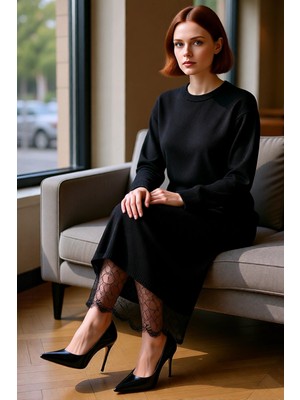 FRM Kadın Uzun Kollu Maxi Boy Triko Elbise Şık Dantel Detaylı Bisiklet Yaka Konforlu Tesettür Giyim