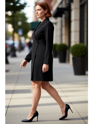 PayBuy Kadın Siyah Düz Desen Dokuma Ceket Yaka Mini Boy Büyük Beden Şık ve Modern Ofis Iş Elbisesi