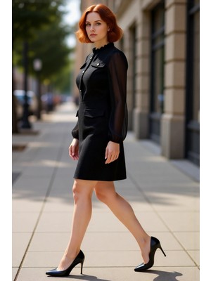 PayBuy Kadın Siyah Düz Desenli A Line Tüvit Dokuma Şifon Balon Kol Dik Yaka Mini Elbise Ilkbahar Sonbahar