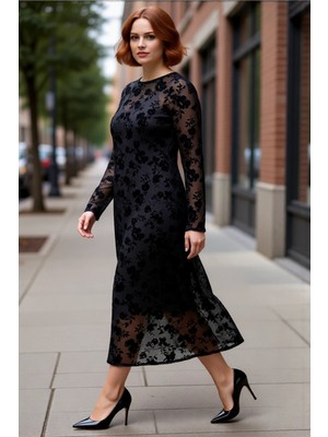 PayBuy Kadın Siyah Çiçekli A Line Maxi Boy Tül Elbise Uzun Kollu Bisiklet Yaka Şık Büyük Beden Stil