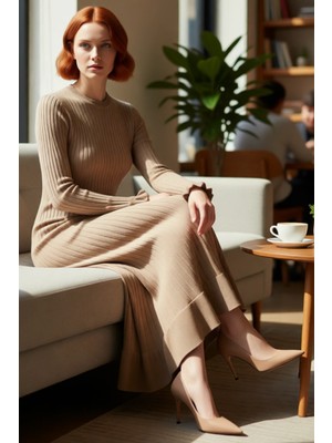 FRM Kadın Düz Desen Bej Ribana Triko Maxi Elbise Eteği Fırfırlı Uzun Kol Konforlu Stil Kaliteli