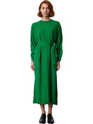 Ersefa Kadınlar Için Modern Triko Elbise Kuşaklı Shift Kalıp Uzun Balon Kol Tesettür Stili Kaliteli