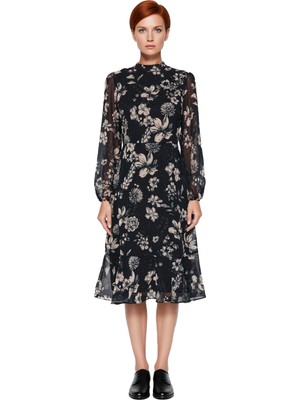 Ersefa Kadın Şal Desenli Midi Şifon Elbise Dik Yaka Uzun Balon Kollu Astarlı ve Fırfırlı A Kesim Kaliteli