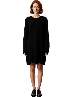 Ersefa Kadın Günlük Akrilik Mini Elbise Shift Kalıp Akıtma Detaylı Bisiklet Yaka Uzun Kollu Triko Tasarım