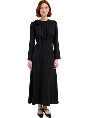 Ersefa Kadın Aerobin Dokuma Fiyonk Detaylı Maxi Boy Balık Kalıp Uzun Kollu Bisiklet Yaka Düz Elbise