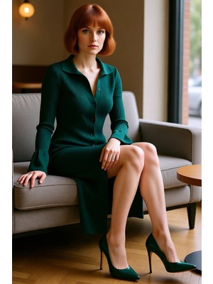 FRM Kadın Uzun Kollu Fitilli Triko Polo Yaka Bodycon Elbise Düz Desen Kış Mevsimi Için Ideal Maxi