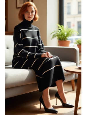 FRM Kadın Uzun Kollu Balıkçı Yaka Çizgili Triko Midi Elbise Shift Kalıbı Ile Konfor Sunuyor Kaliteli