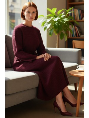 FRM Kadın Triko Ribana Dokulu Maxi Elbise Düşük Kol Uzun Boy Kuşak Detaylı Kış Sezonu Rahat Giyim