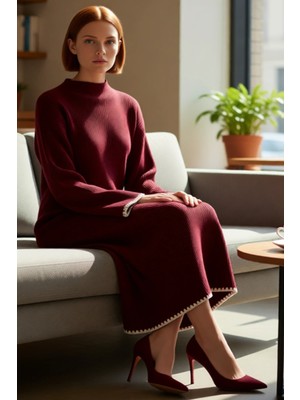 FRM Kadın Düz Renk Dik Yaka Uzun Kollu Triko Elbise Shift Kalıp Çoban Dikiş Detaylı Kışlık Maxi